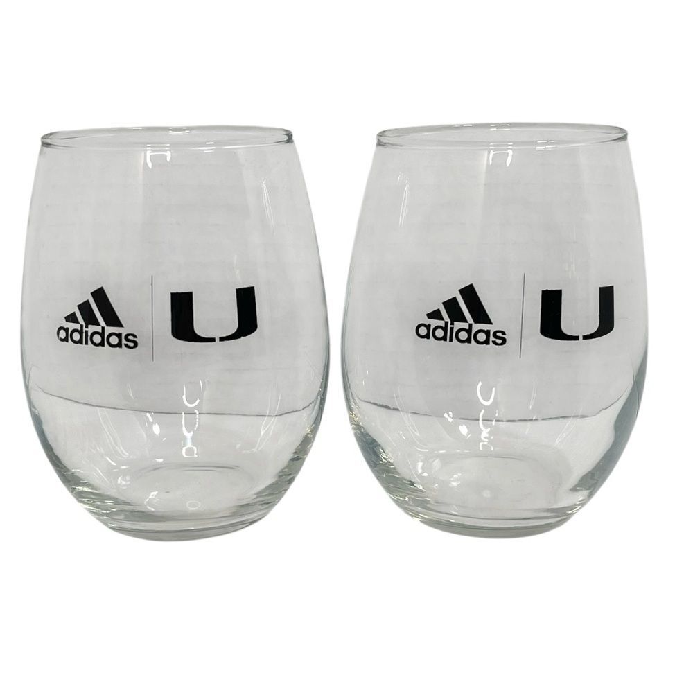 Adidas University of Miami Hurricanes Stemless Wine Glasses Barware Canes 2 Set